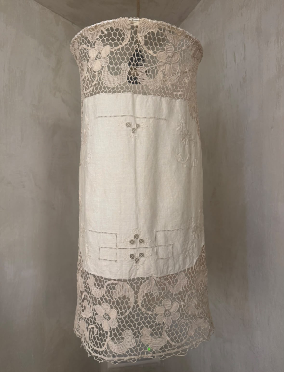 ANTIQUE LINEN EMBROIDERED LAMPSHADE