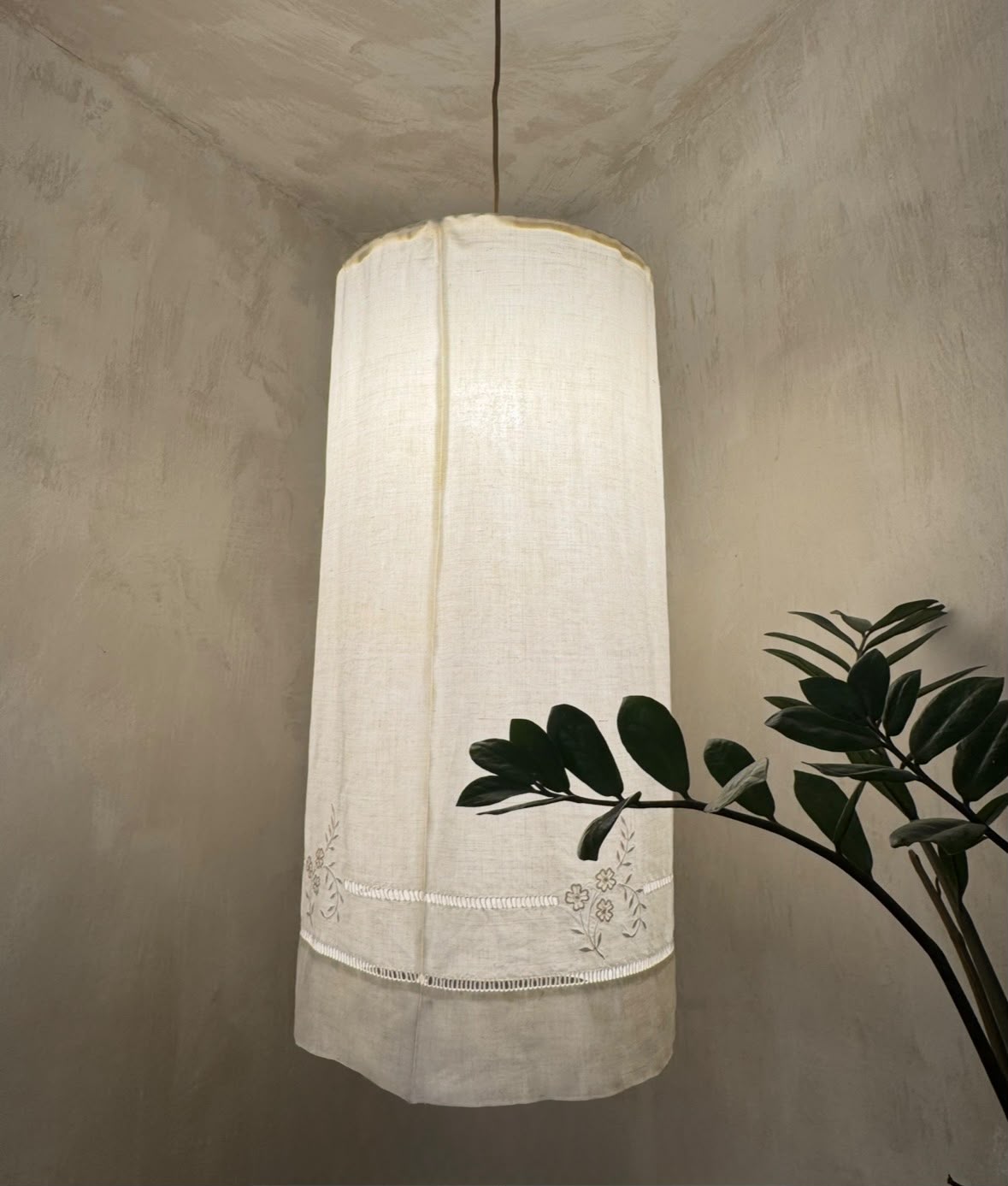 LARGE VINTAGE MONOGRAMMED LINEN LAMPSHADE