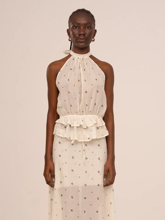 TOP HALTER CON VOLANTES Y ESTAMPADO FLORAL LUMEA