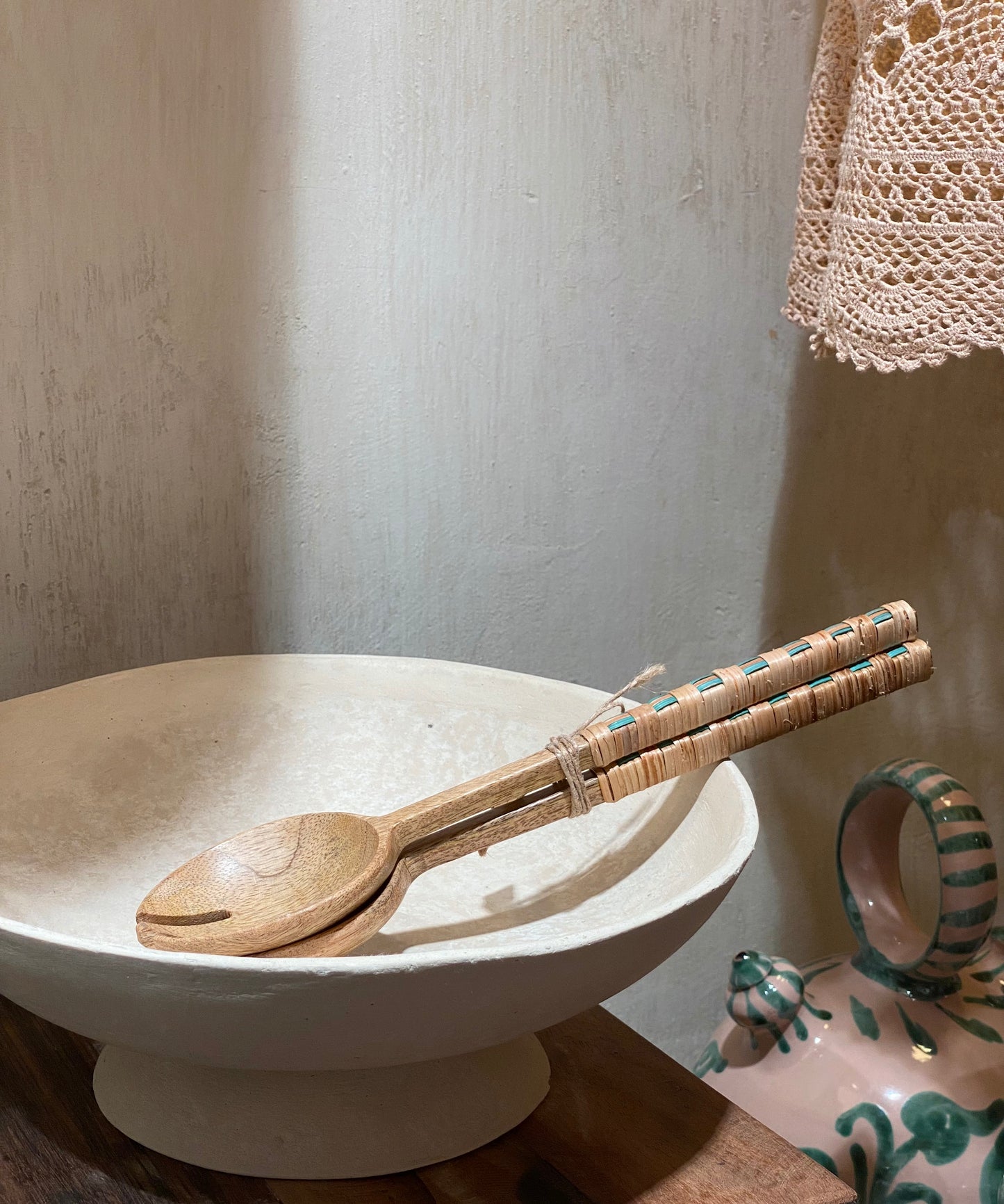 WOODEN SALAD SET WITH BAMBOO - green