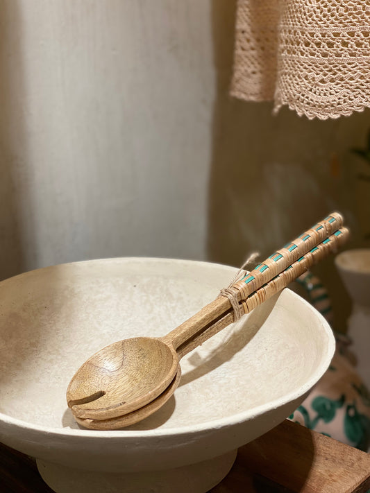WOODEN SALAD SET WITH BAMBOO - green