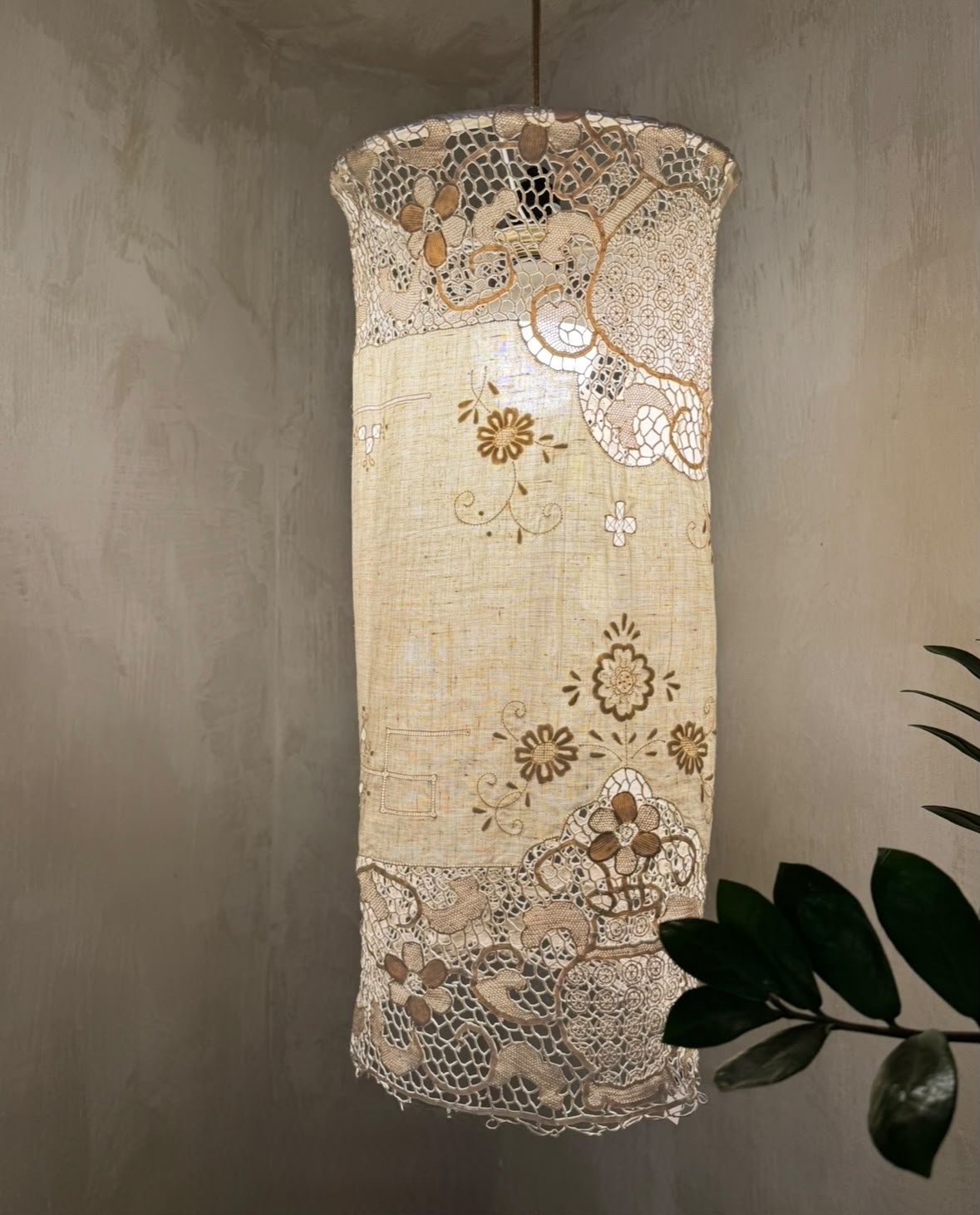 ANTIQUE LINEN EMBROIDERED LAMPSHADE