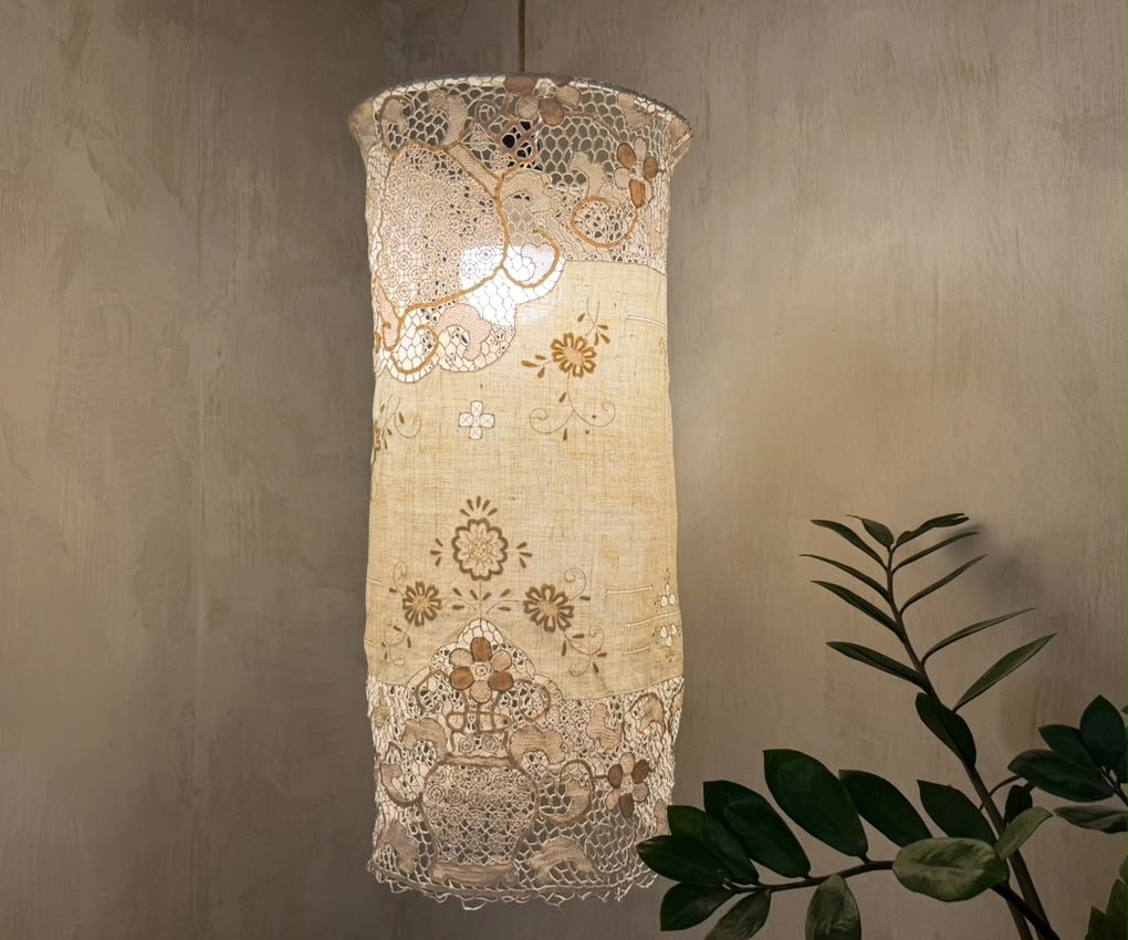 ANTIQUE LINEN EMBROIDERED LAMPSHADE