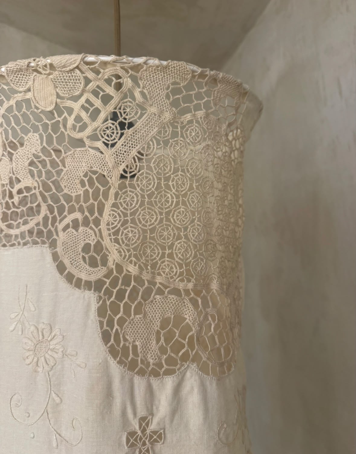 ANTIQUE LINEN EMBROIDERED LAMPSHADE