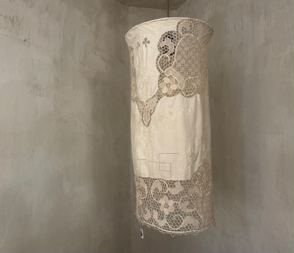 ANTIQUE LINEN EMBROIDERED LAMPSHADE