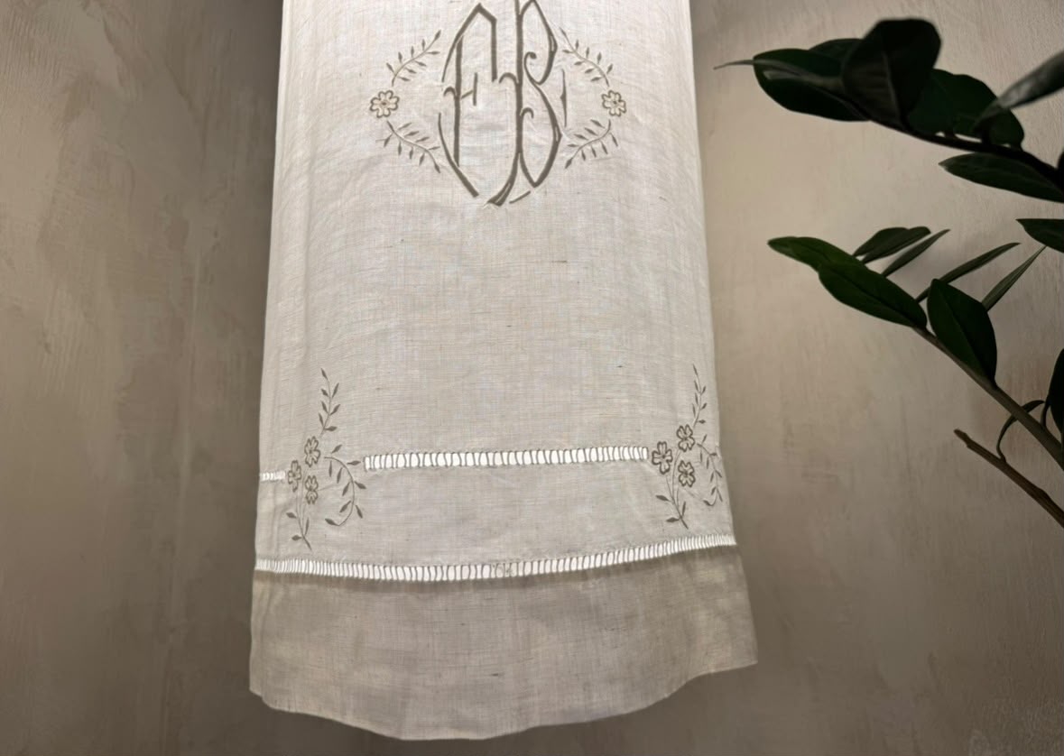 LARGE VINTAGE MONOGRAMMED LINEN LAMPSHADE