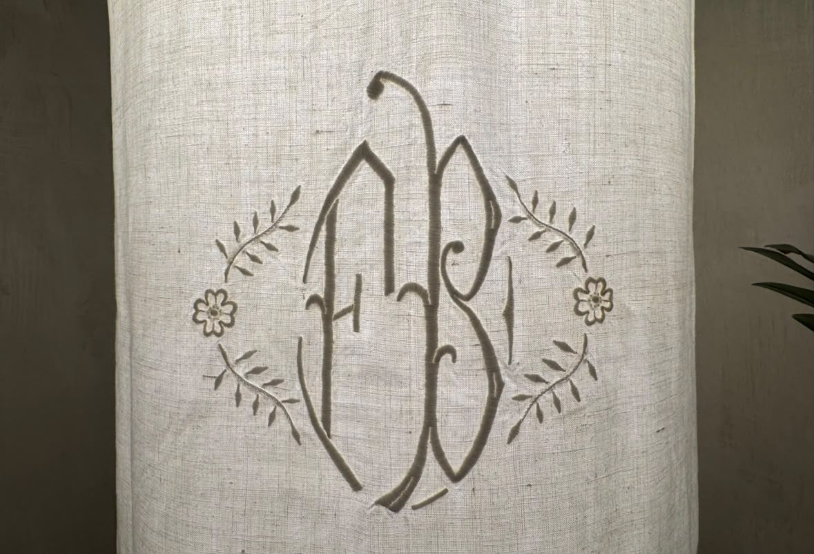 LARGE VINTAGE MONOGRAMMED LINEN LAMPSHADE