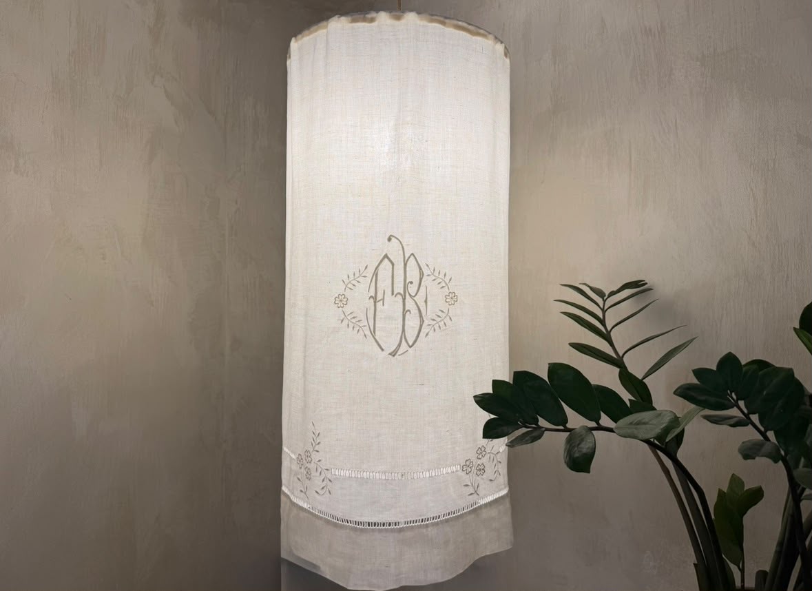 LARGE VINTAGE MONOGRAMMED LINEN LAMPSHADE