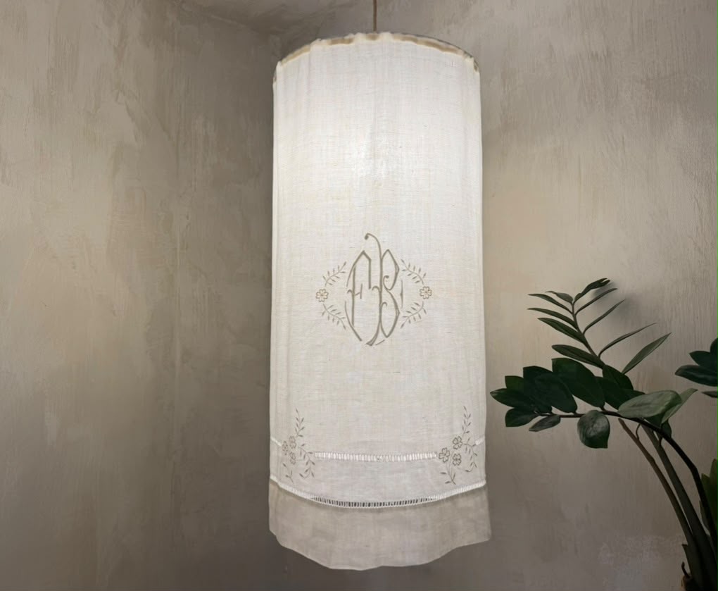 LARGE VINTAGE MONOGRAMMED LINEN LAMPSHADE
